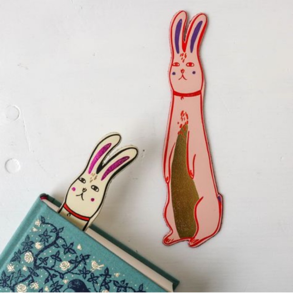 Adorable Double Sided Leather Pink Bunny Bookmark